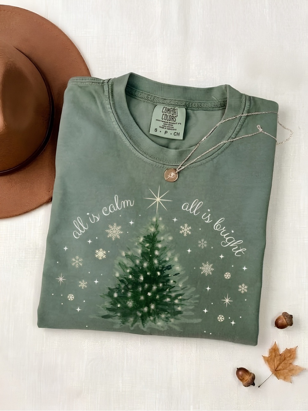 Comfort Colors Green Holiday Tee with Tree Graphic and Script